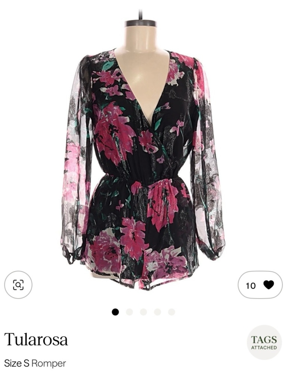 Tularosa Black Floral Sheer Long-Sleeve Romper with Pink Blooms